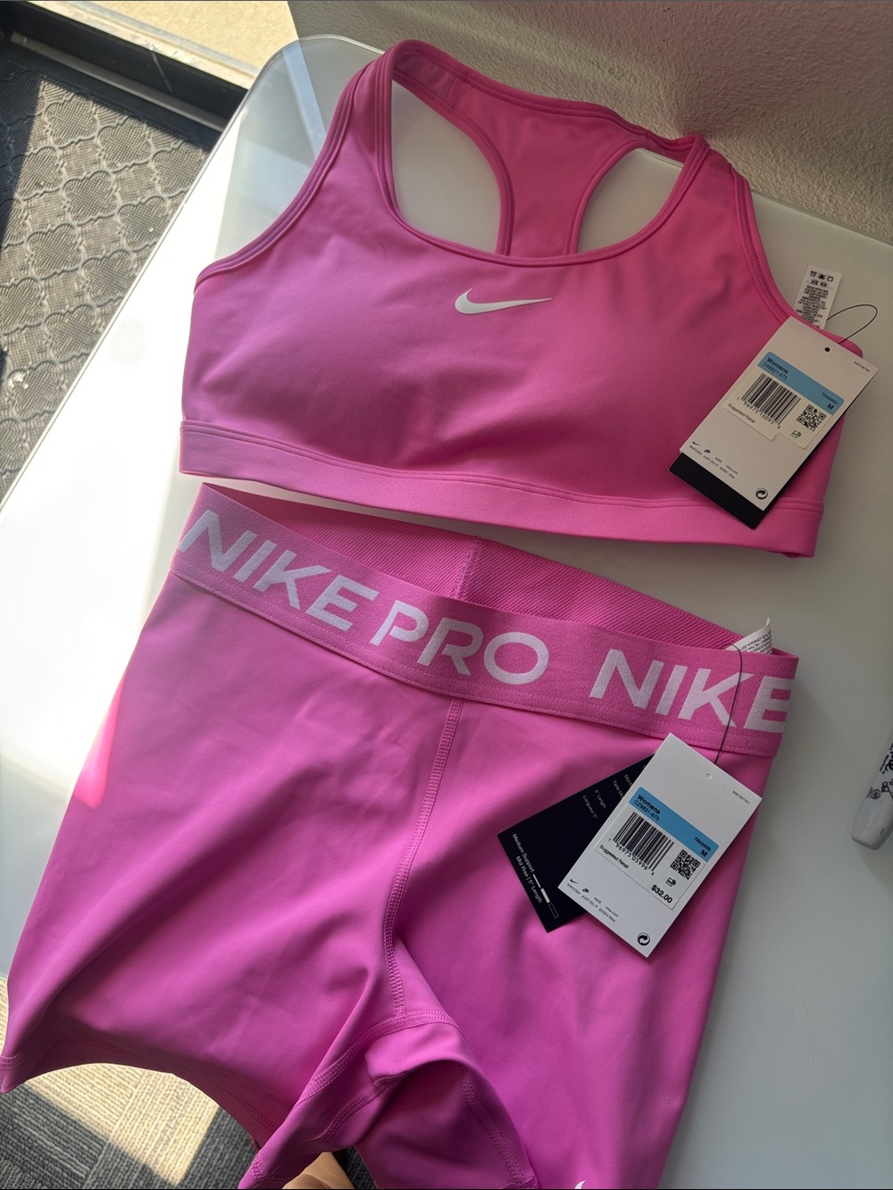 Nike Womenβs Bright Pink Sports Bra Top & Nike Pro Shorts Set